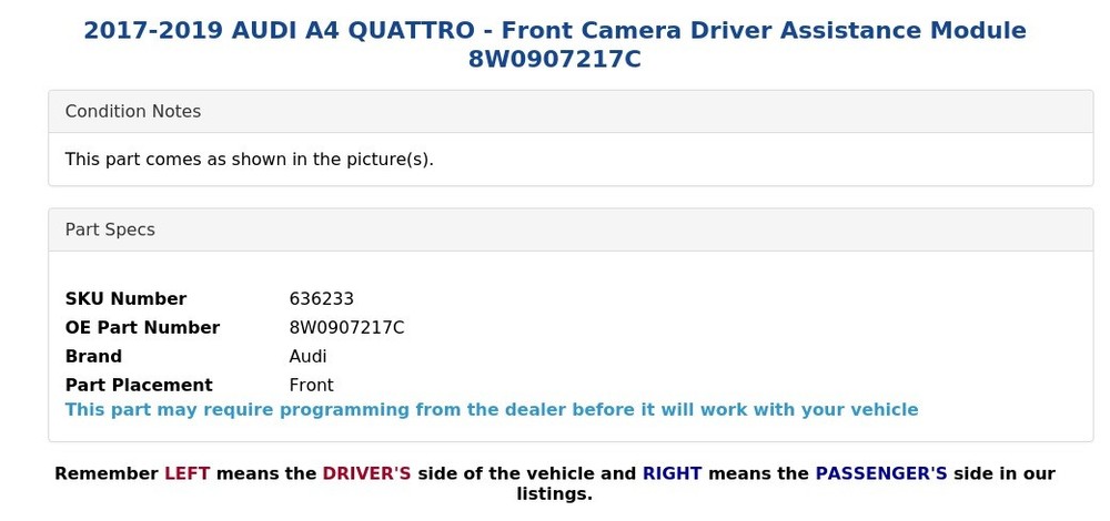 2017-2019 AUDI A4 QUATTRO - Front Camera Driver Assistance Module 8W0907217C