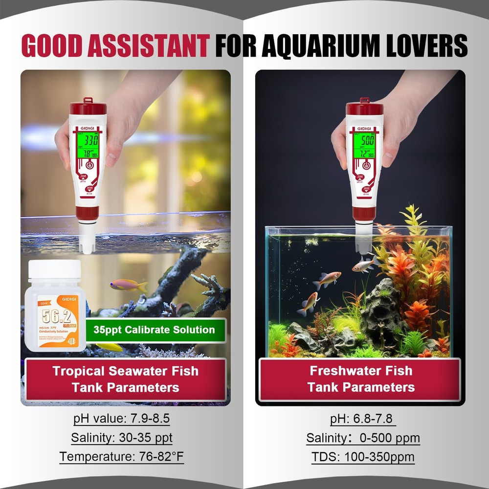 Aquarium Salinity pH Meter,Digital Pool Salt Tester,Simultaneously Display 5 ...