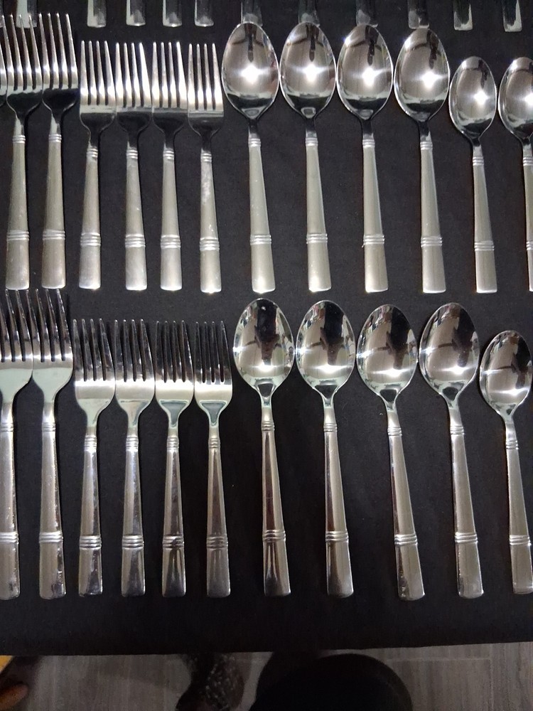 58 Pc Set Cambridge Braylen Mirror Stainless Bands Flatware Silverware
