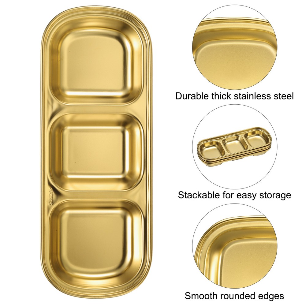 10pcs Metal Dish Dipping with 3 Rectangular Compartment Divided Gold