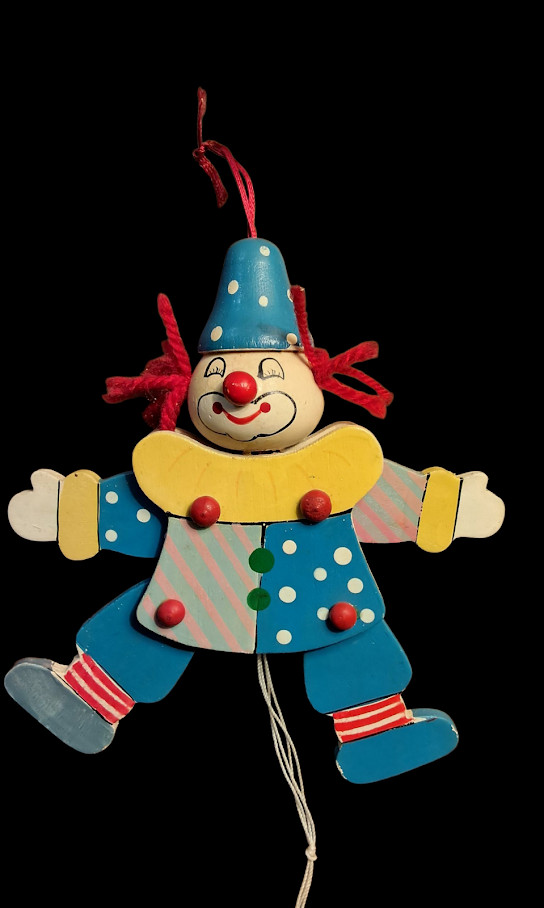 Vintage 1960's Clown Wood Painted Pull String String Puppet Jumping Jack Toy