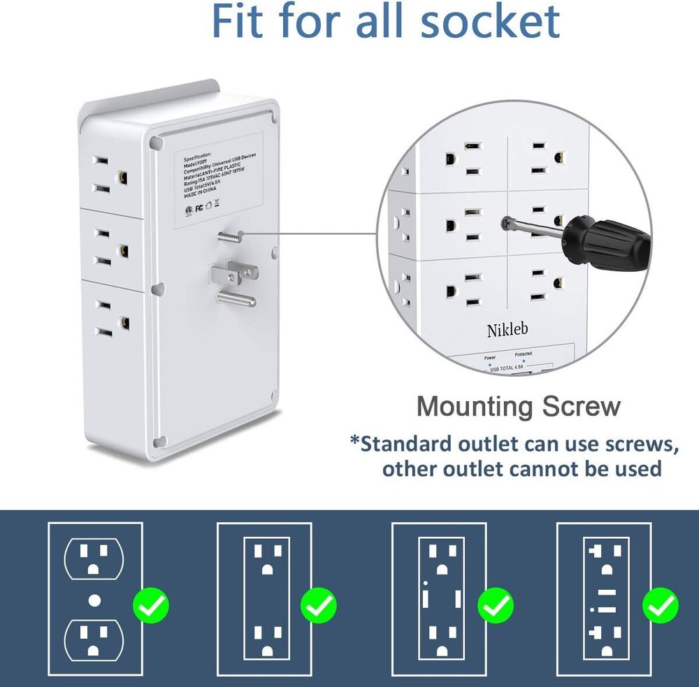 Multi Plug Outlet Surge Protector Nikleb, 12 Electrical Extender White