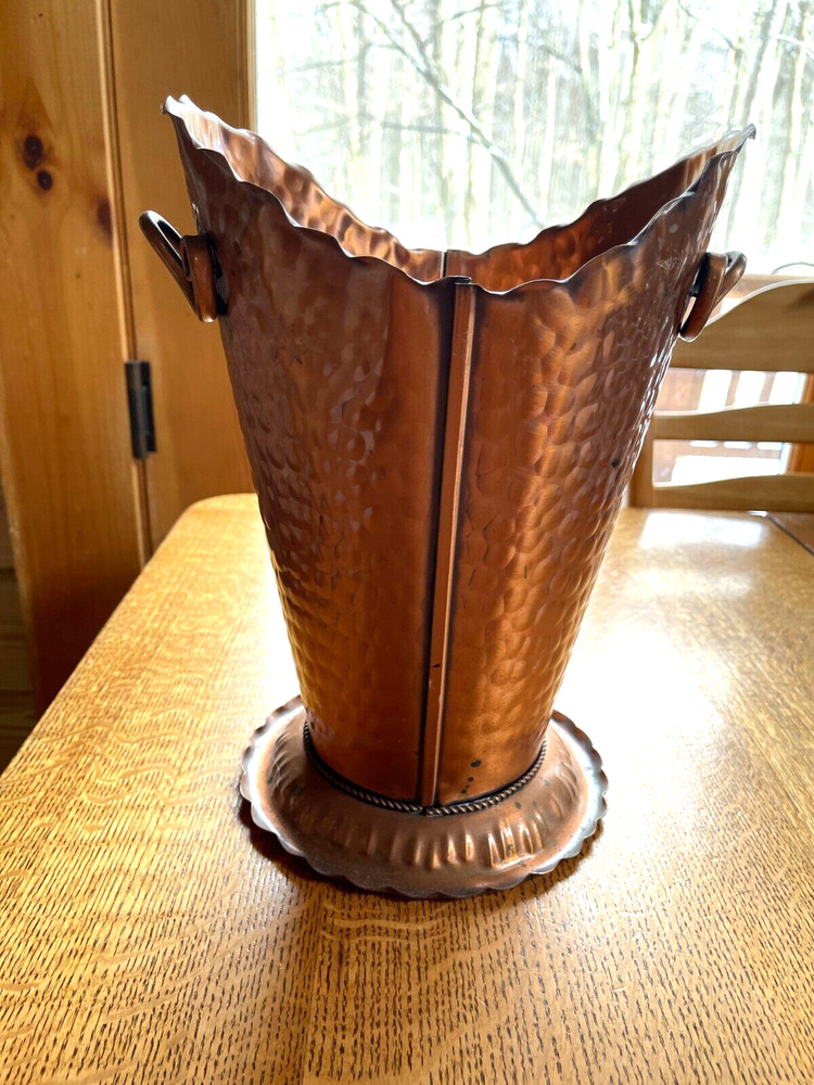 Gregorian Solid Hammered Copper Handled Pedestal Planter Pot, Vase, Umbrella
