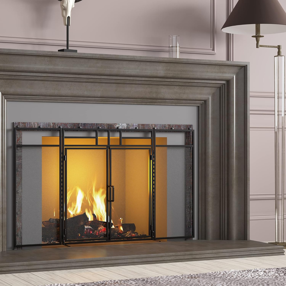 3-Panel Folding Fireplace Screen with Magnetic Hinged Doors, Solid Wrought Iron
