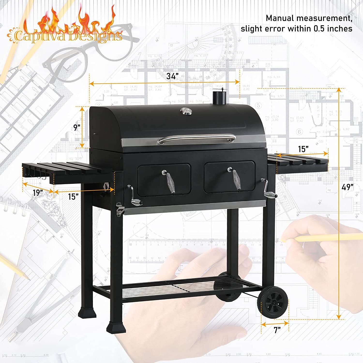 Heavy Duty Charcoal Grill Oversize Cooking Area Outdoor BBQ Grill with 2 Trays