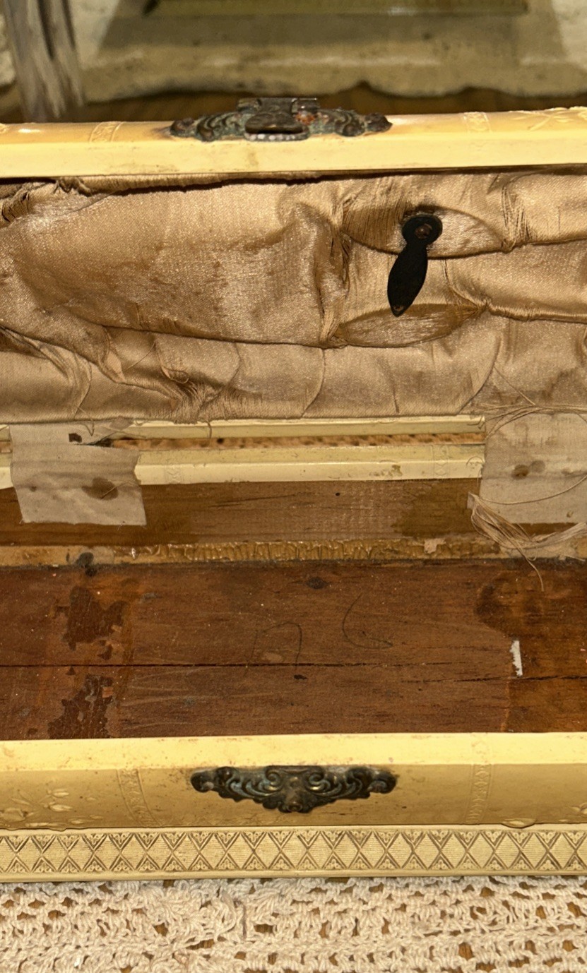 Antique Jewelry Box Engraved Angel Celluloid Wrapped Wood 9x 3.75 Oval Quite Old