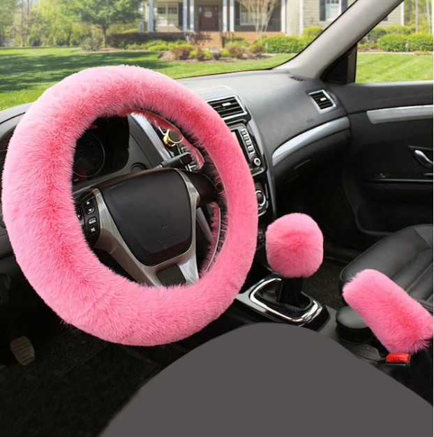 3 Pcs Fluffy Car Steering Wheel Cover, Handbrake & Gear Shift Solid Cover Set