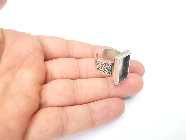 Rectangle Ring Blank Base Bezel Setting Antique Silver Adjustable 20x10mm G28600