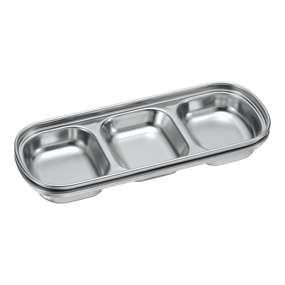 2pcs Metal Dish Dipping with 3 Rectangular Compartment Divided Silver