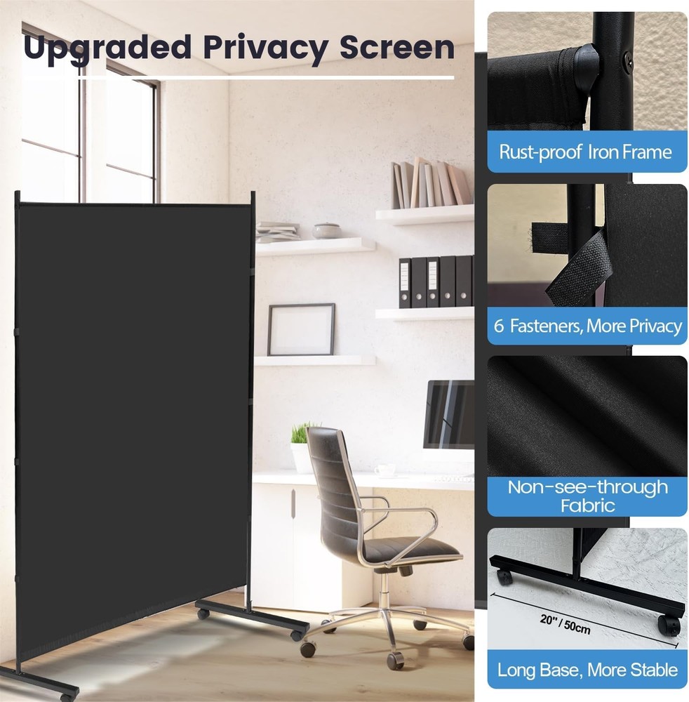 Large Single Panel Room Divider on Wheels 71”W x 75”H Rolling Privacy Screen