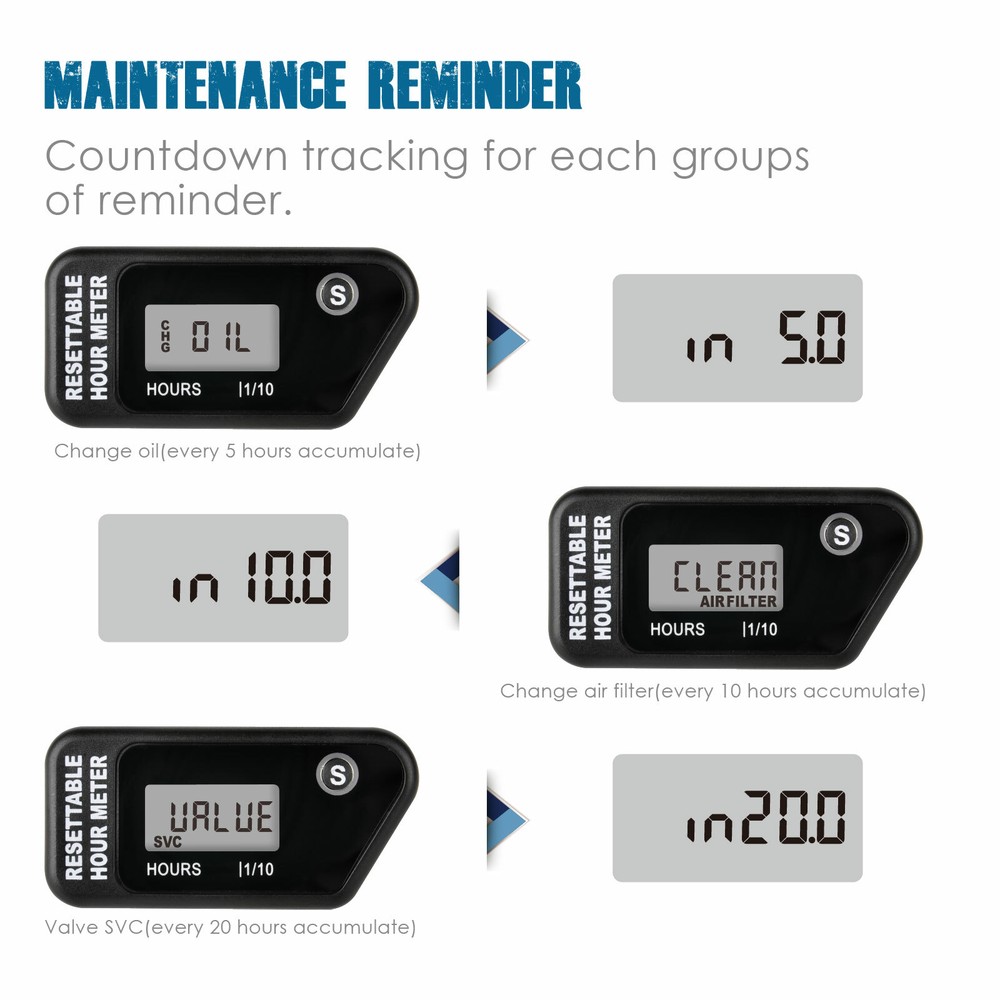 2/4 Stroke LCD Inductive Gasoline Engine Hour Meter Maintenance Mower Tractor