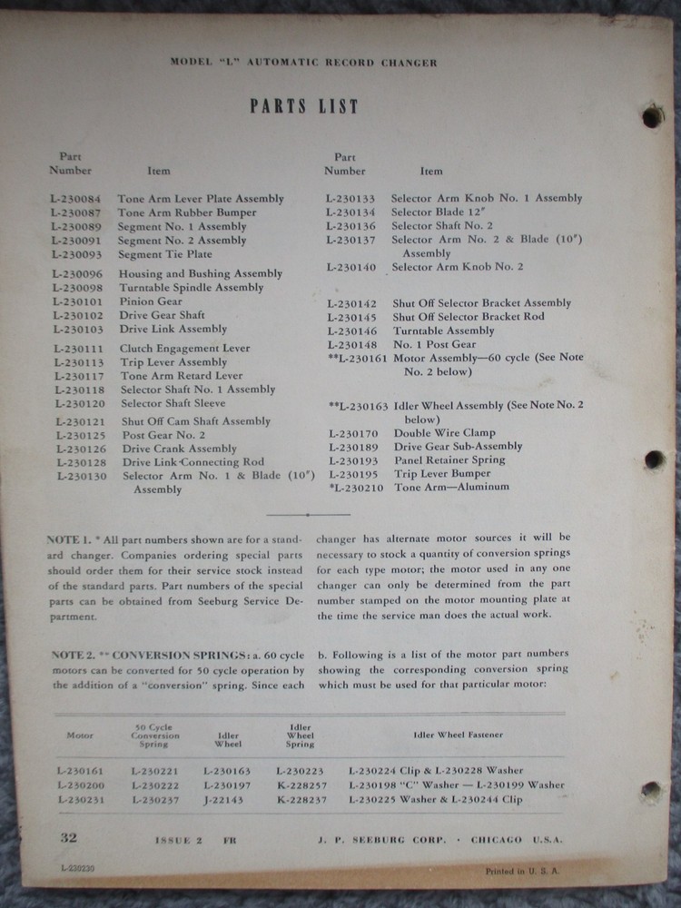 Seeburg Model “L” Automatic Record Changer Service Manual
