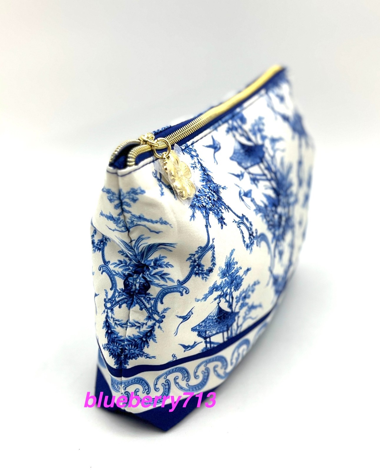 2 Bags: Estee Lauder Blue Flower , Bird Print Makeup Bag with Zipper