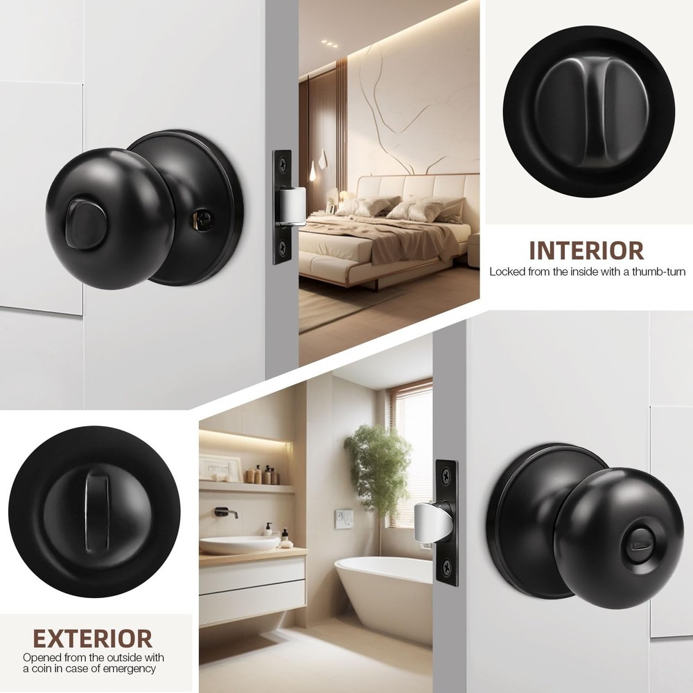 GOBEKOR 5 Pack Matte Black Privacy Door Knobs Stainless Steel Keyless Interio...
