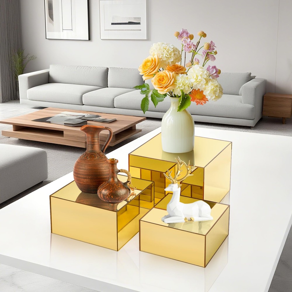 3 Pack Acrylic Risers Display Stands, Gold Buffet Riser Perfume Organizer, Mi...