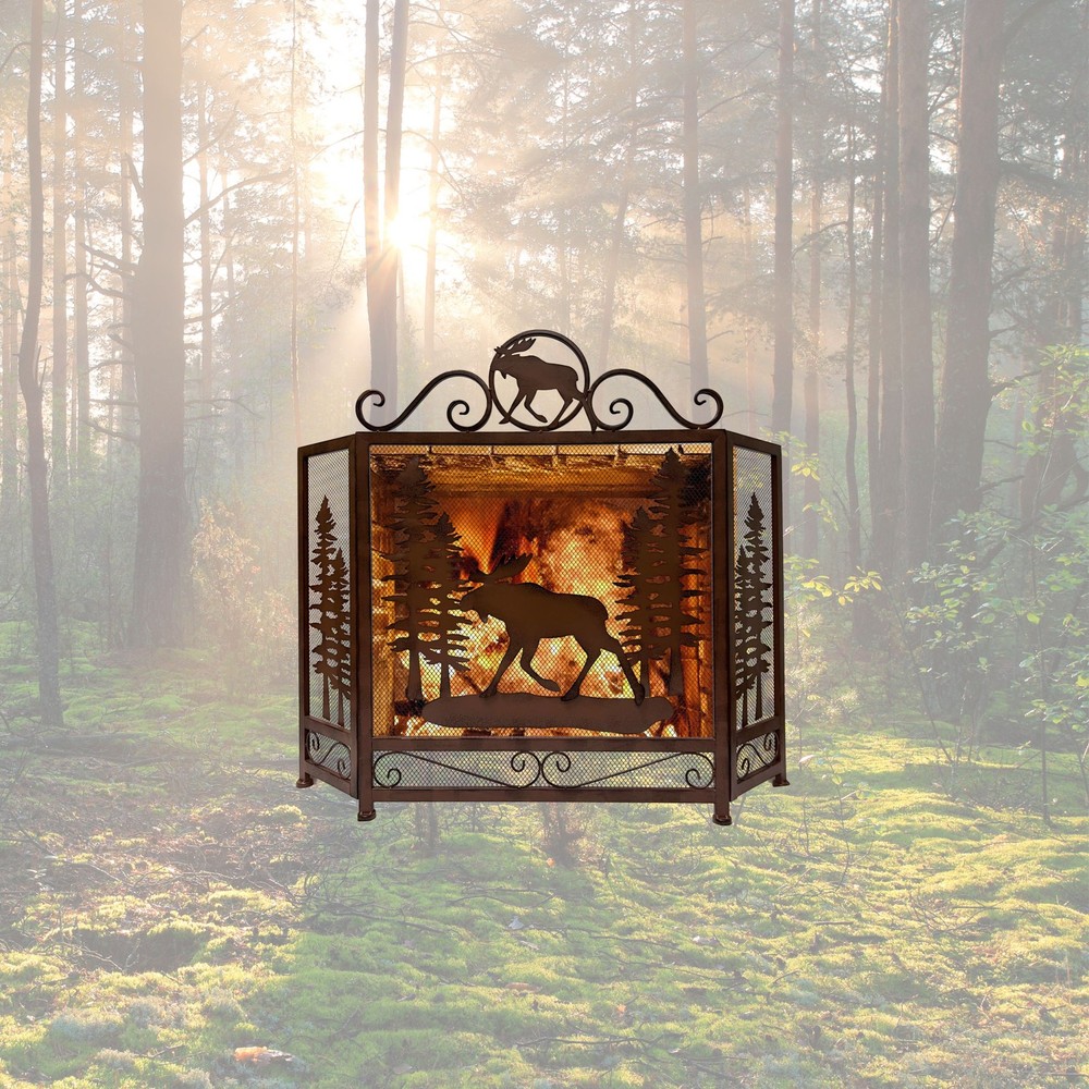 3-Panel Fireplace Screen with Moose in the Forest Design