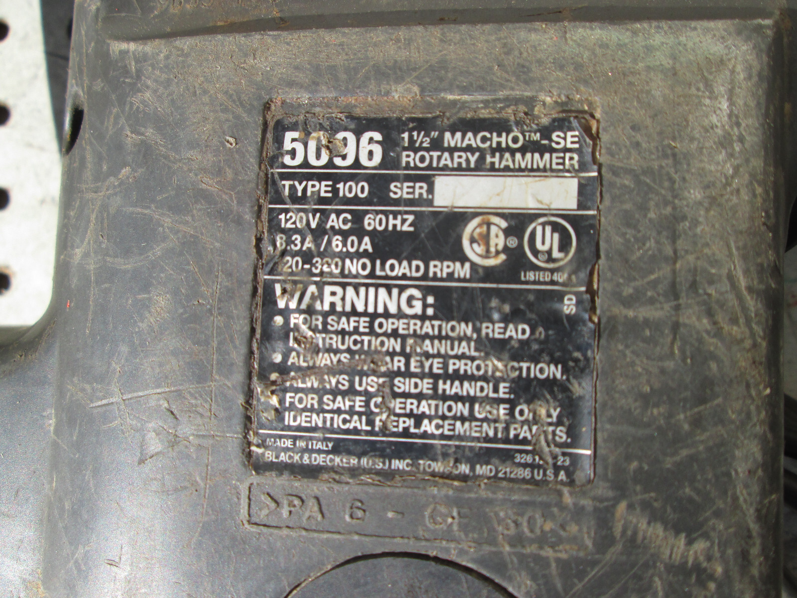 Black & Decker (DeWalt) 1- 1/2 Vari Rotary Hammer Drill 5096 Made Italy 4 bits