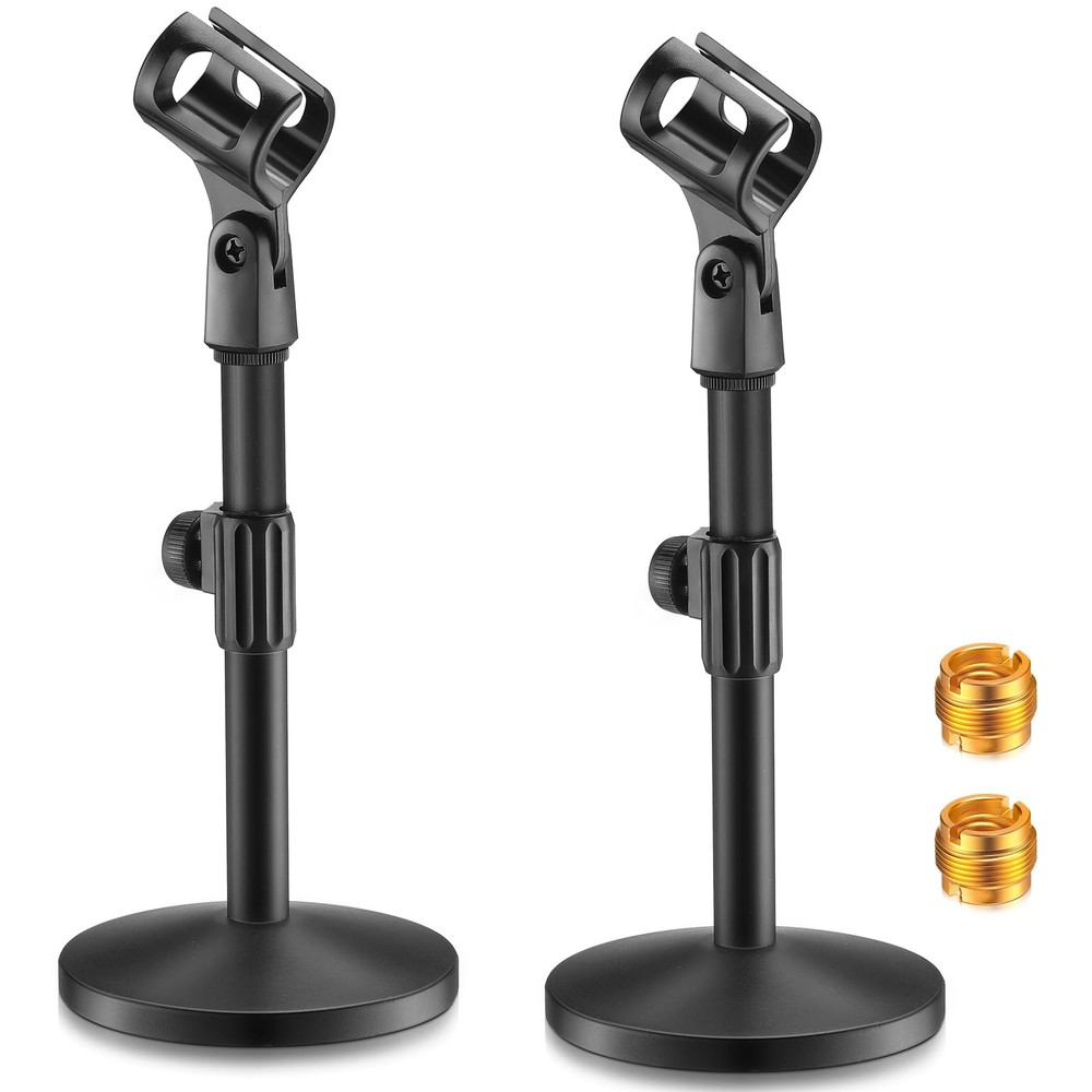 2 PCS Adjustable Desktop Microphone Stand with Mic Clip Round Metal Base