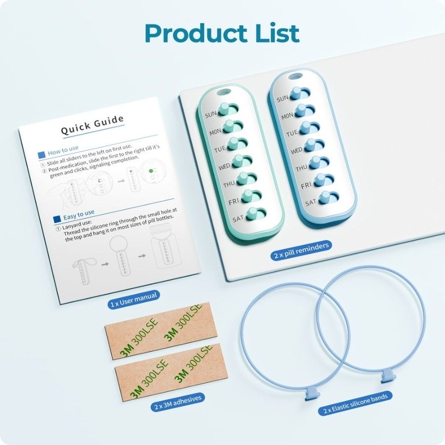 2-Pack Pill Reminder Tracker - Elastic Lanyard & 3M 2, Blue & Green