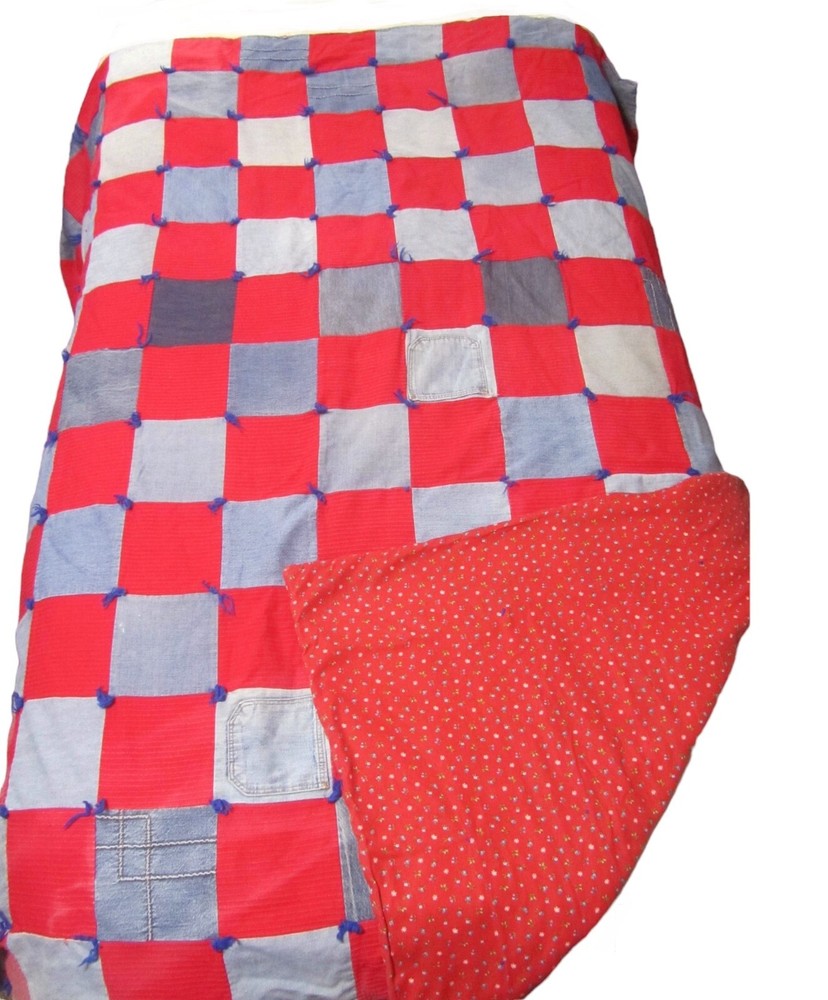VTG Patchwork Denim Jean Comforter Quilt FULL 73”x 62” Blanket Red Blue Patch