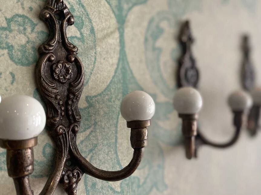 Old Bath Robe Coat Hook Hall Mirror Fancy Decorated Solid Brass Porcelain Knobs