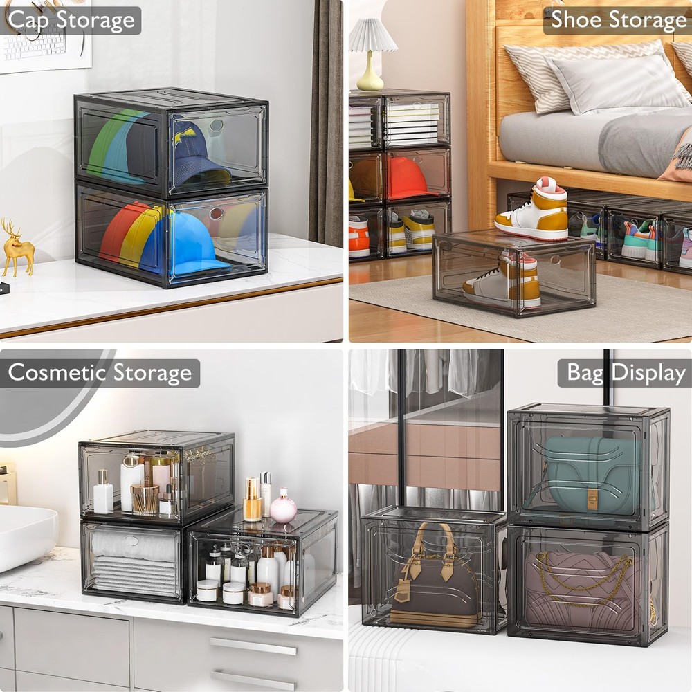 7 code Large Clear Shoe Boxes Organizer【Thicker Material】 9 pcs, Black
