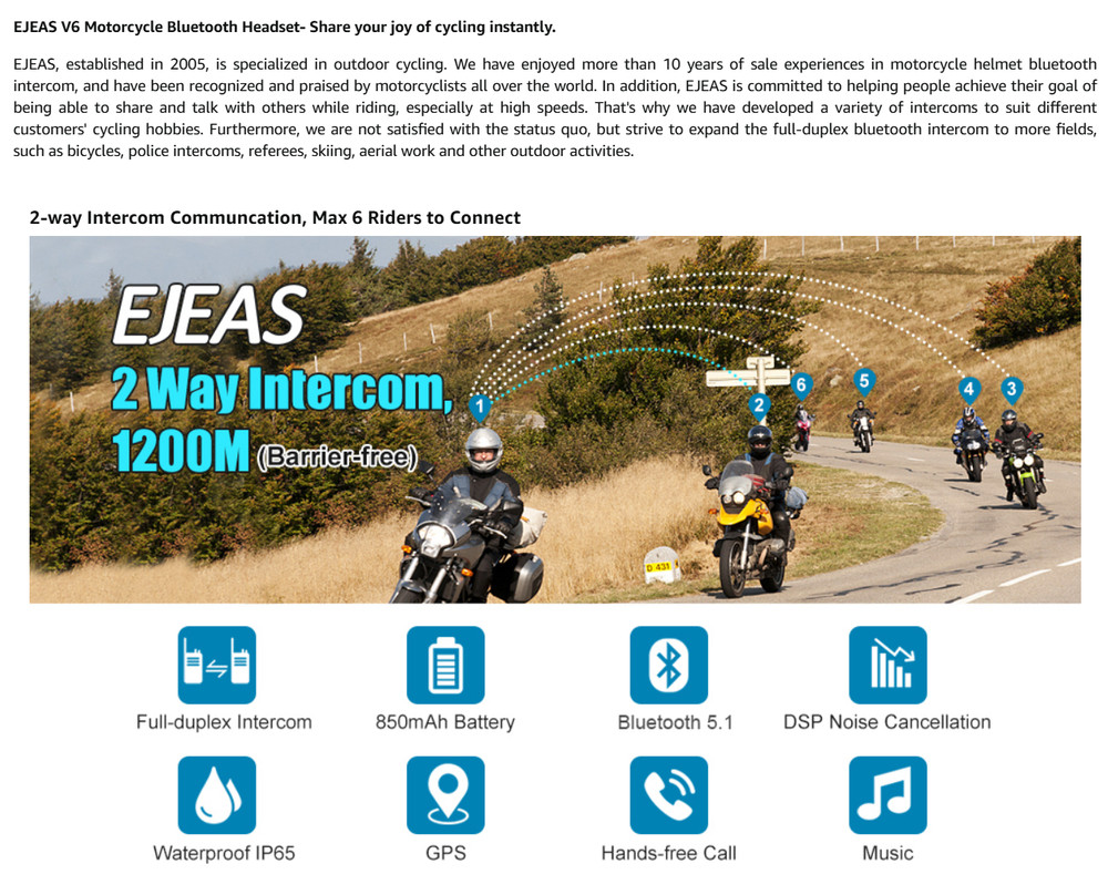 EJEAS Vnetphone V6 Motorcycle Bluetooth Headset, 2 Riders Intercom Bluetooth 5.1