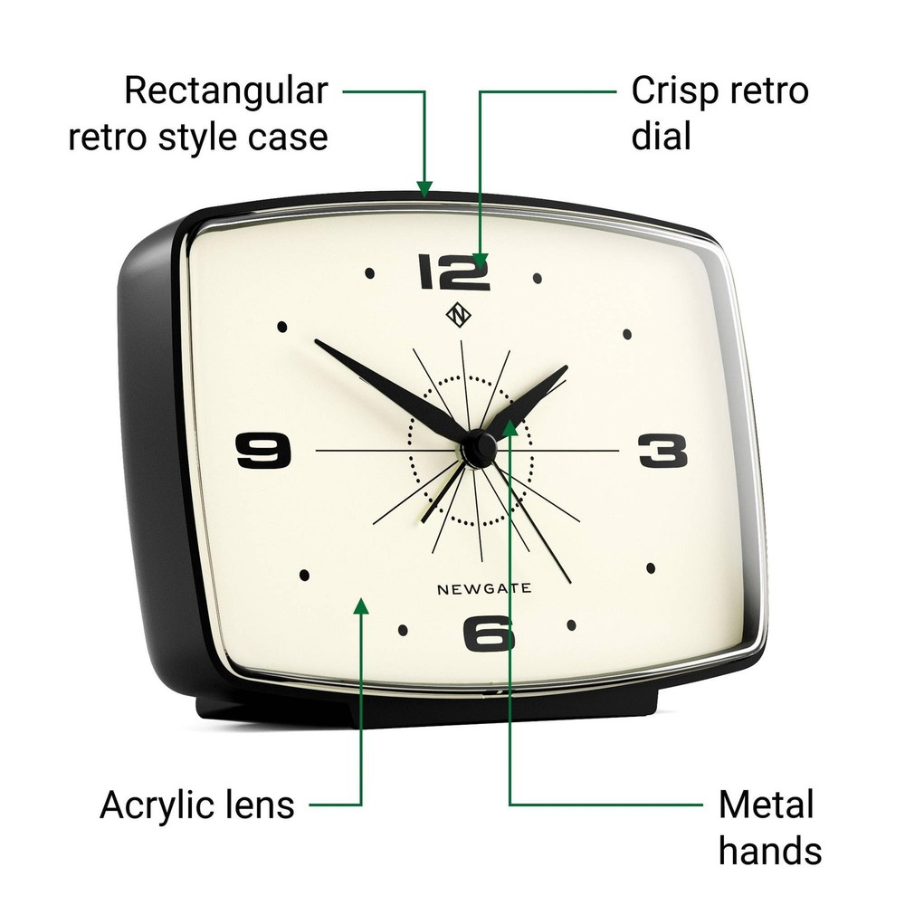 NEWGATE Brooklyn Retro Alarm Clock - Rectangular Matt Black Silent Sweep Cloc...