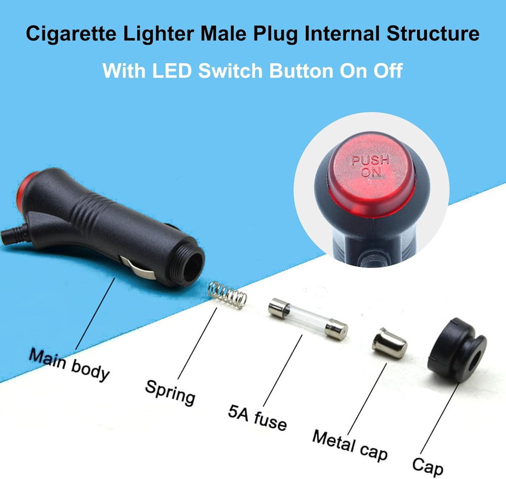 Car Cigarette Lighter Plug Adapter 10FT with LED Switch Button 12V Cigarette Lig