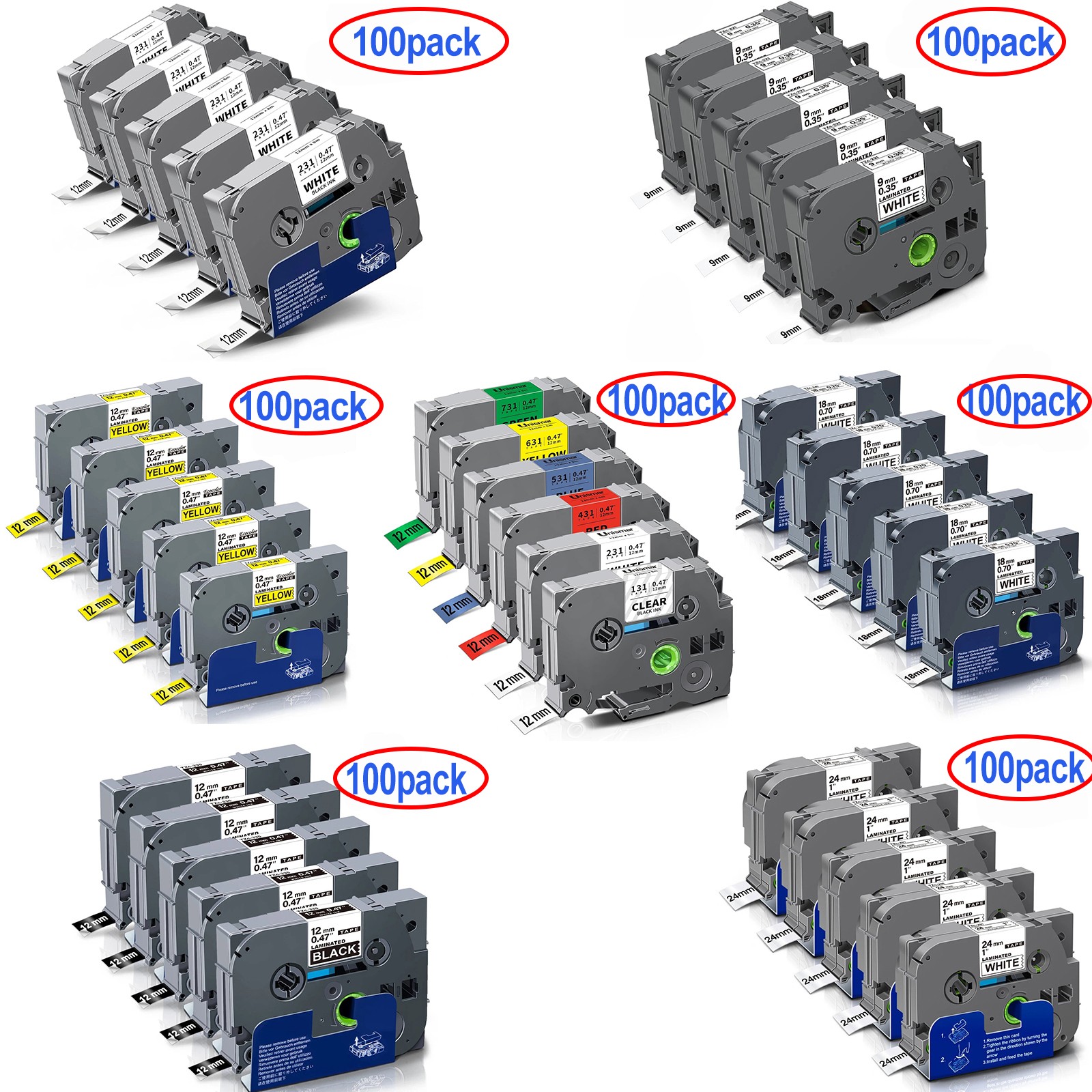 100PK For Brother P-Touch TZe-231 TZ231 12mm White Standard Laminated Label Tape