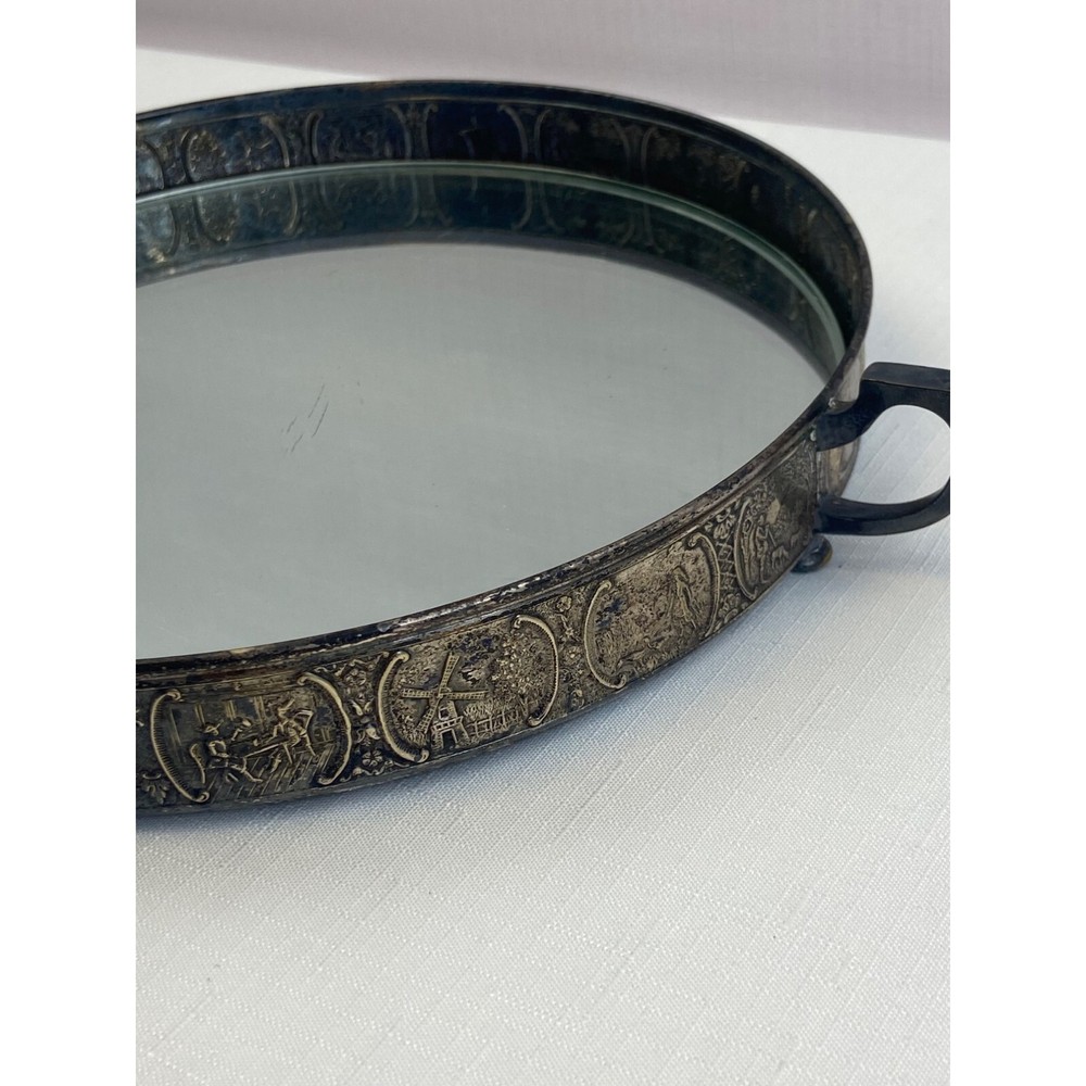 Vintage Webster Co Silverplate Mirrored Vanity Tray Ornate Round Perfume Display