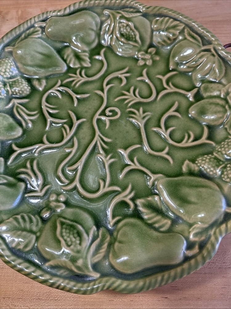 Vintage Embossed Green Fruit Ceramic Serving Platter With Wire Bronze Holder
