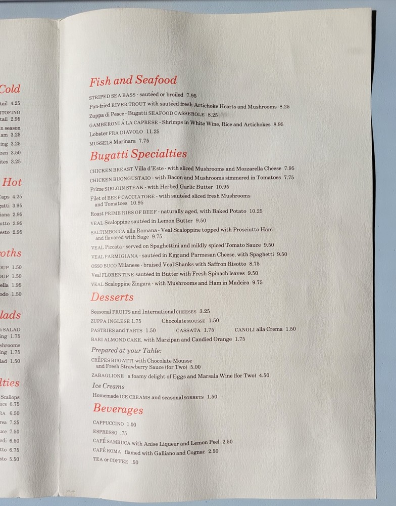 1970s Bugatti Menu Vintage Original