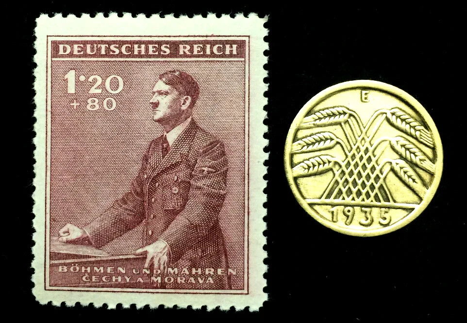 Authentic German WW2 Stamp & Antique 5 Pf Brass Coin - Historical Artifact