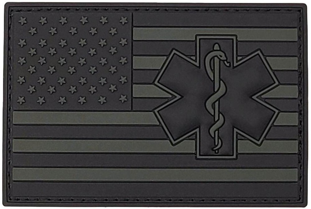 Medic EMT EMS Paramedic USA Flag PVC RUBBER PATCH | 2PC PVC HOOK BACKING 3"x2"
