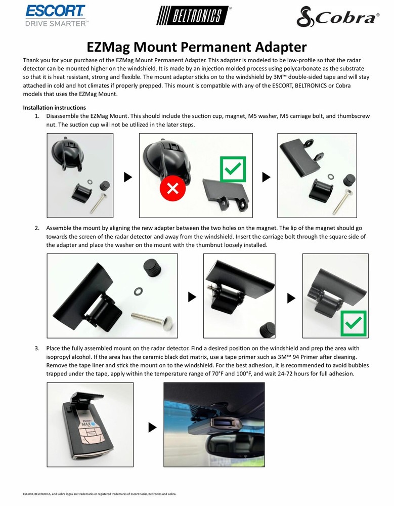 Escort/Beltronics/Cobra EZMag Radar Permanent Windshield Mount Adapter
