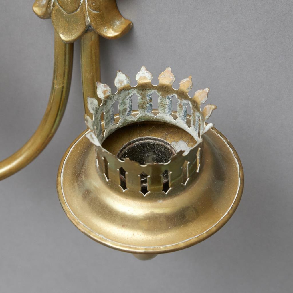 Pair Patinated Brass Etched Grape Glass Hurricane Two Armed Sconces 12.25"h