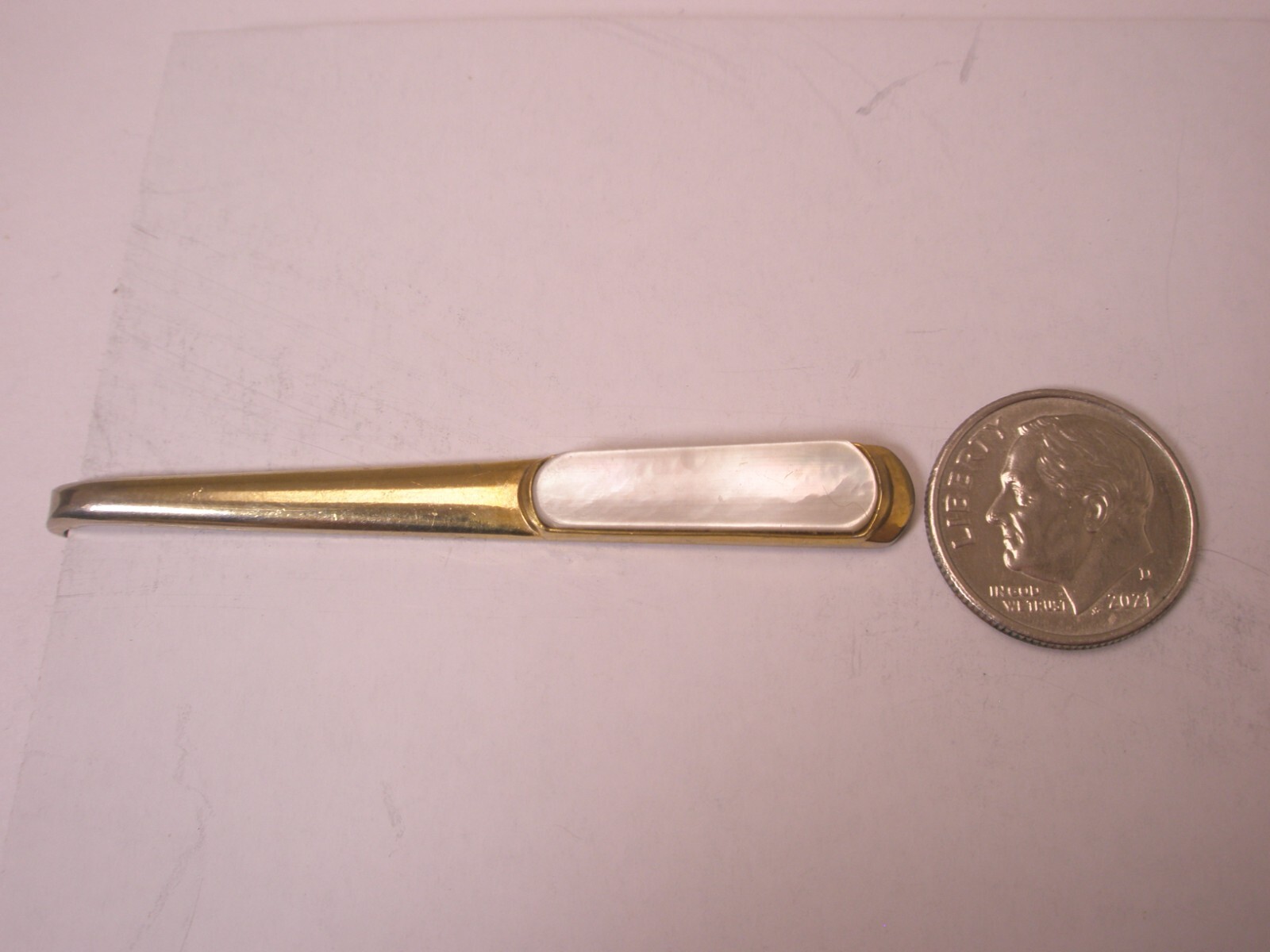 2-3/8" White Mother of Pearl Thin Tapered Design Vintage Tie Bar Clip
