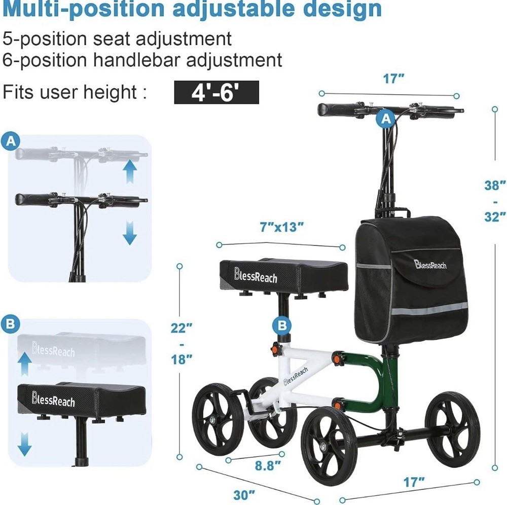 Blessreach Knee Scooter, Steerable, Foldable, Green, With Front Storage