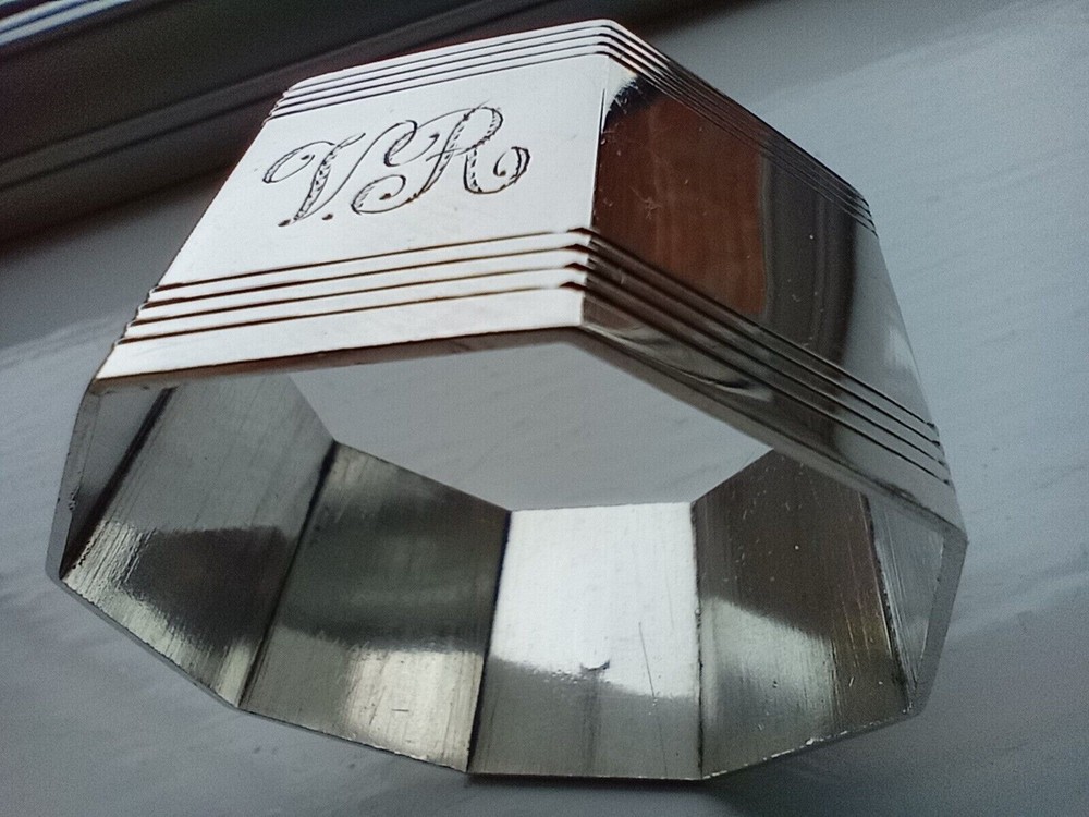 Vintage Octagonal Sterling Silver Napkin Ring "VR" initials engraving