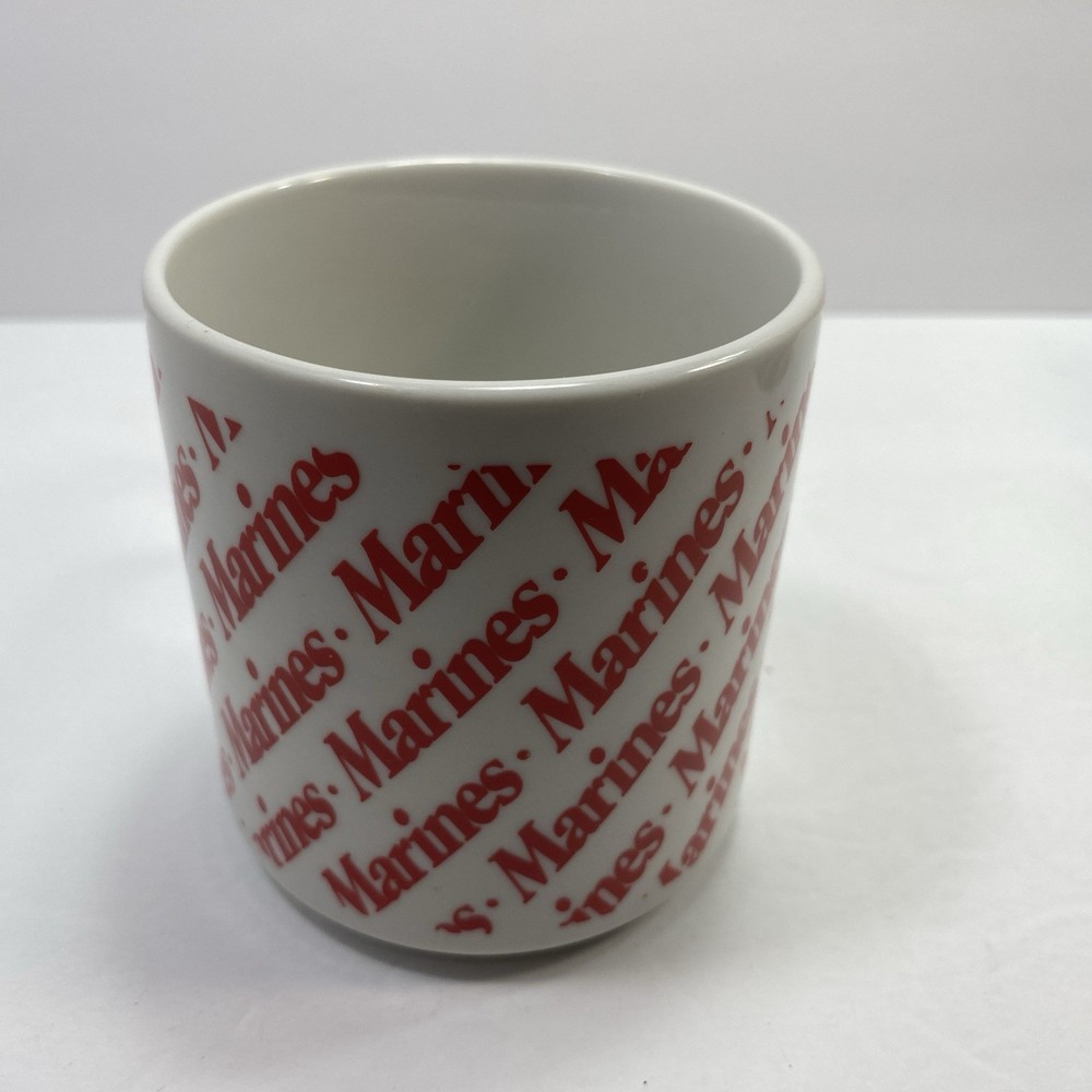 Vintage USMC Marine Corps Recruiting Coffee Mug Diagonal Red Text Pattern 1980's
