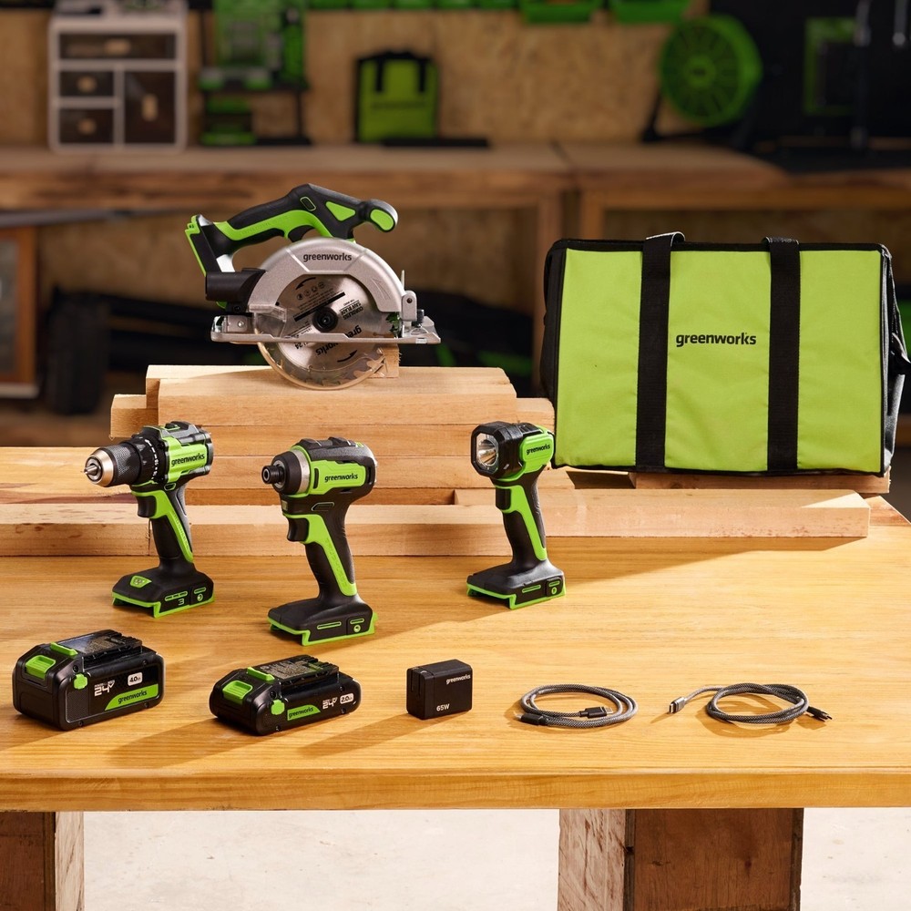 Greenworks 24V 4 Power Tool Set - Drill, Impact Driver, Circular Saw, Flashlight