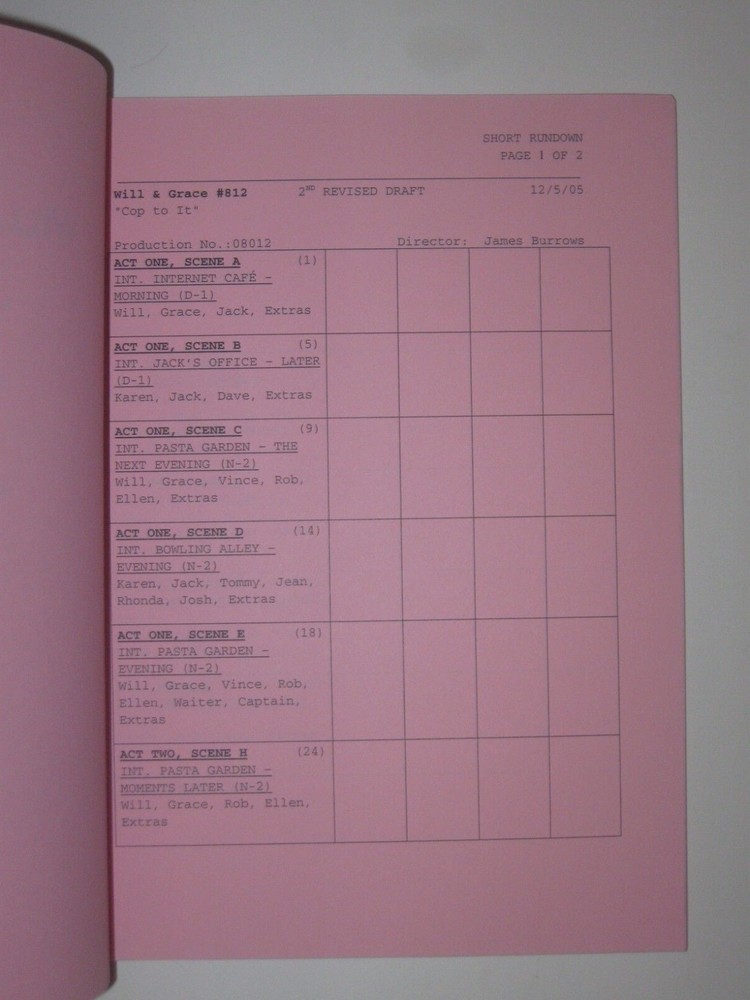 WILL & GRACE ORIGINAL SCRIPT FOR "COP TO IT" 2nd REVISED DRAFT SEASON 8 2005