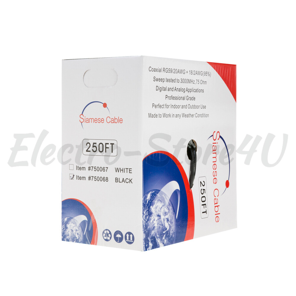 RG59 Siamese Cable 250ft 500ft 1000ft Coaxial 20AWG + 18/2 Security Camera Wire