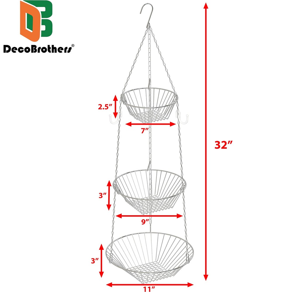 Hanging Fruit Basket, 3-Tier, Chrome