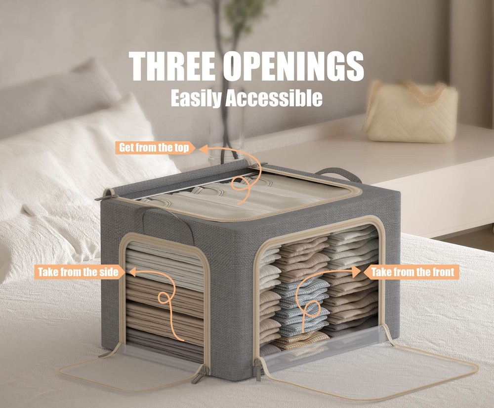 3 Openings Clothes Storage Bins with Metal Frame, Foldable Storage Bin for Cl...
