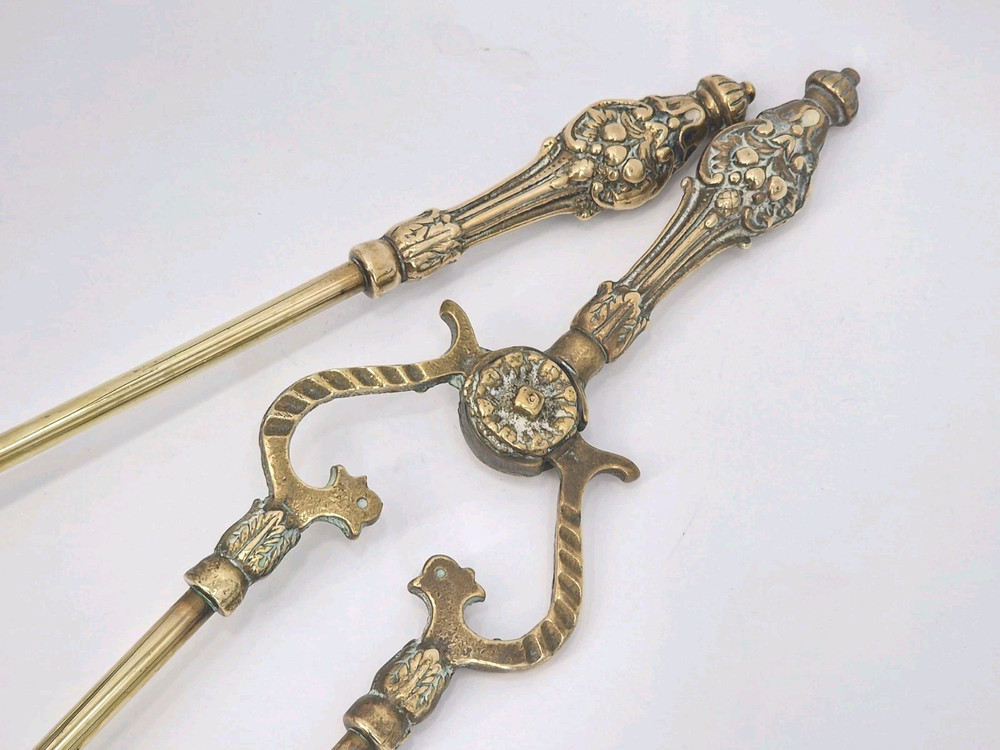 Antique Solid Brass Fire Irons Tools - Tongs & Shovel