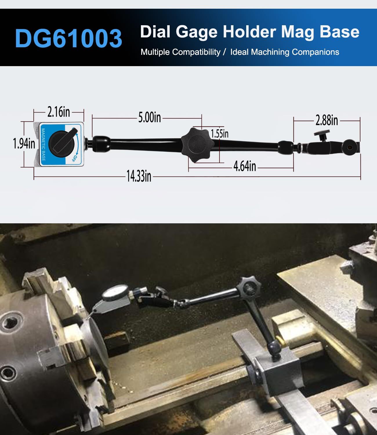 Regular Duty Dial Gage Holder DG61003 Mag Base w/Metal Fine Adjust for Noga