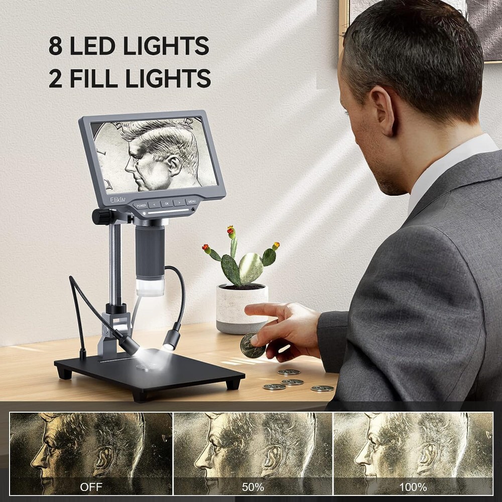 Elikliv 7" IPS Digital Microscope 1200X 12MP Full Coin View Magnifier EDM201 SE