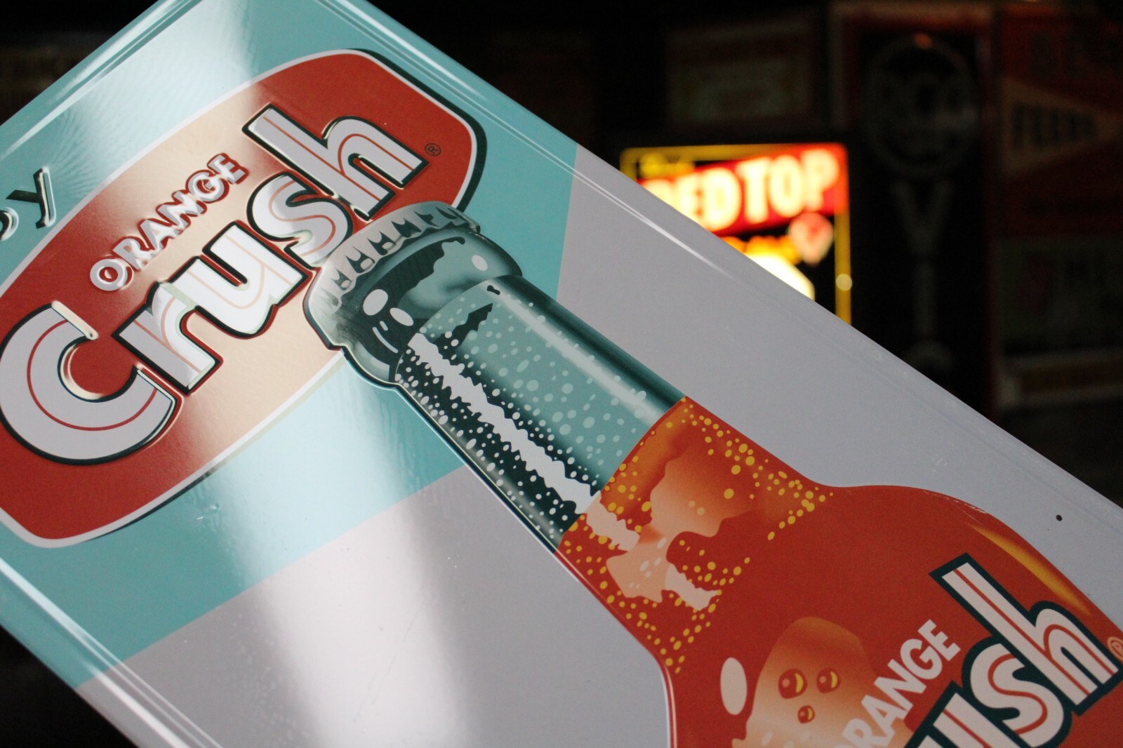 RARE ENJOY ORANGE CRUSH SODA POP VERTICAL EMBOSSED METAL SIGN BOTTLE STORE GAS